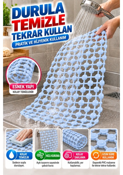 Crystal Kaymaz Vantuzlu Banyo Paspası Mavi 68x35 Cm Islak Zemin Kaydırmaz Küvet Duşakabin Pvc Matı