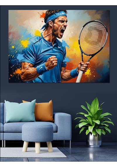 Tenis Maçında Hırslı Erkek Oyuncu Dekoratif Kanvas - Mdf Ahşap Tablo