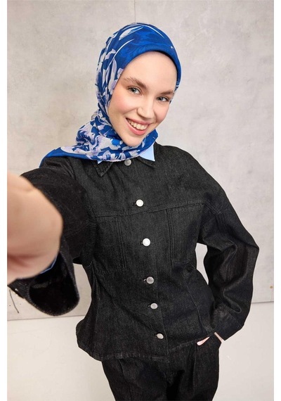 Silk Home Pamuk Polyester Eşarp Saks Mavi Büyük Papatya Desenli Soft Dokulu Kaymaz 90x90 Çok Renkli
