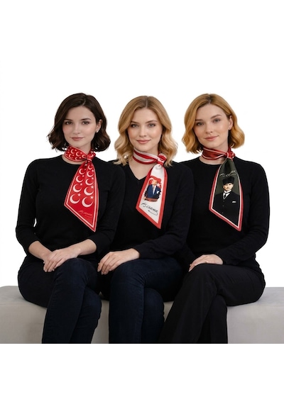 Mavi Masal Atatürk İmzalı Kadın 3'lü Set Kadın Atatürk Baskılı Set, Türk Bayraklı Atatürk Temalı 3'lü Kadın Aksesuar Seti Kırmızı