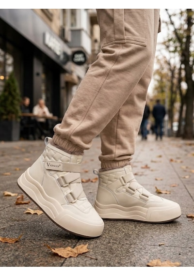Voyager Kadın Cırt Cırtlı Kalı, Taban İçi Kürklü Kaymaz Taban Sneaker Bot Krem
