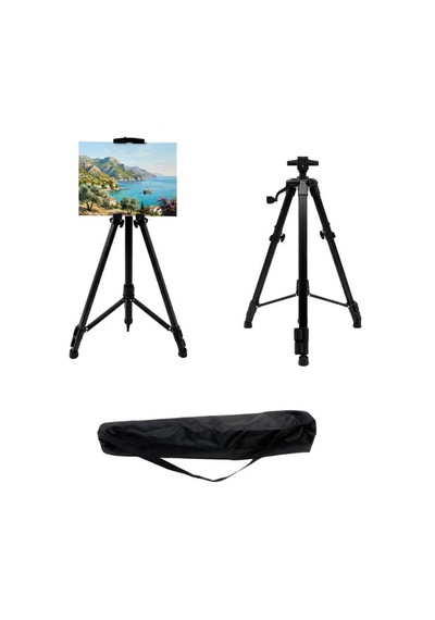 Katlanabilir Metal Tripod Şövale - Kollu Yükseklik Ayarlı, Taşıma Çantalı, Siyah