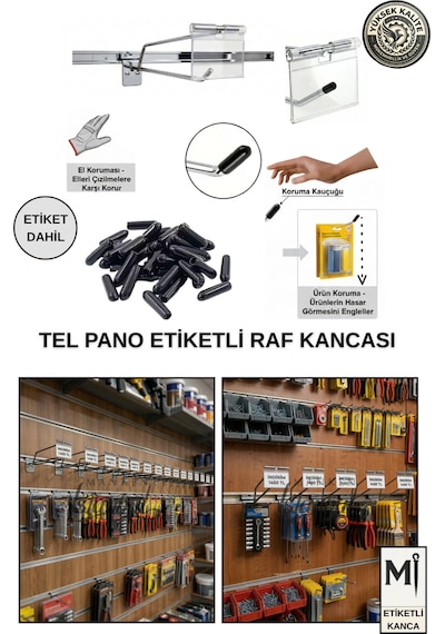 50 Adet 25 Cm Etiketli Kanallı Pano Kancası Koruma Kauçuklu Ekstra Güçlü Raf Askısı Raf Kancası Krom