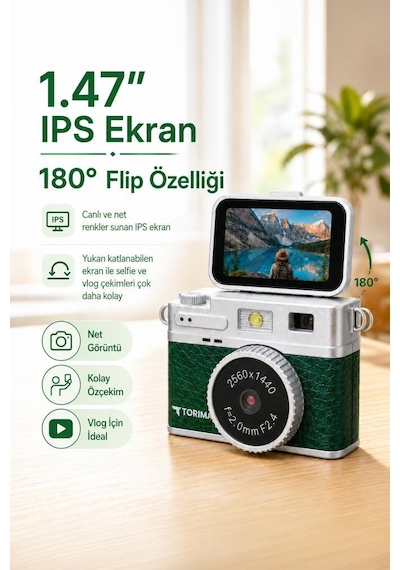 Mini Dijital Kamera 2k Flip Ekranlı Selfie Video Vlog Kamerası Cmr49 Koyu Yeşil Haki