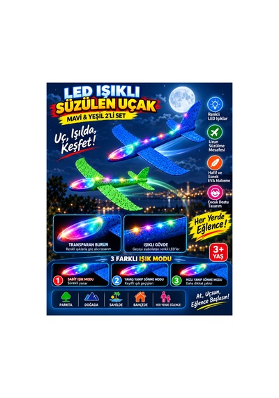 2 Li Led Işıklı Köpük Uçak Seti Mavi & Yeşil Hafif Dayanıklı Fırlatma Uçağı Açık Hava Oyuncağı - 922546684