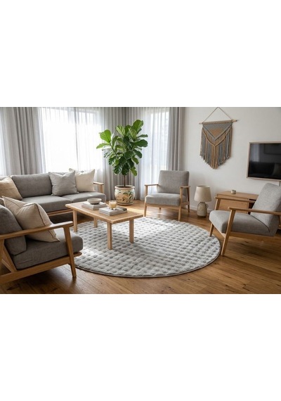Dream Soft Yuvarlak Gri Desenli Yumuşak Yüzeyli Kaymaz Makinede Yıkanabilir Halı Renkli