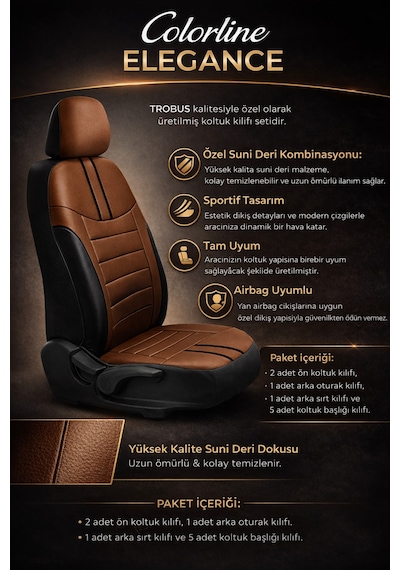 Hyundai Accent Era 2006-2011 Uyumlu Colorline Elegance Deri Taba Siyah Koltuk Kılıfı