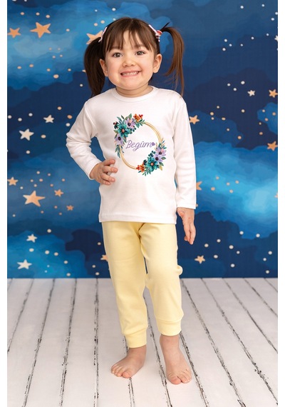 Pia Baby İsme Özel Kız Çocuk Pijama Takımı %100 Pamuk Penye İsim Baskılı Kişiye Özel Çocuk Pijaması 10265s14pi Krem