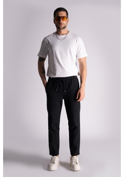 Pamuk Comfort Fit Jogger Bel Pantolon Siyah Siyah