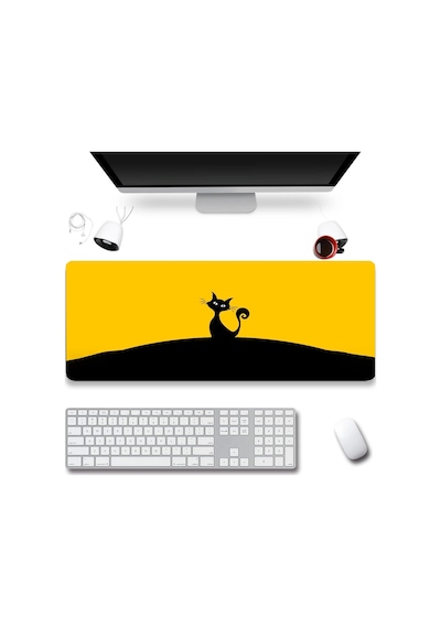 Sonictouch Kara Kedi Sarı Siyah Gamer Oyuncu Dikişsiz Sıvı Geçirmez Klavye Mouse Pad 32x70cm Mousepad