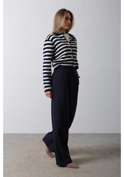 Defymoda Beli Yarım Lastikli Palazzo Pantolon - Lacivert Lacivert