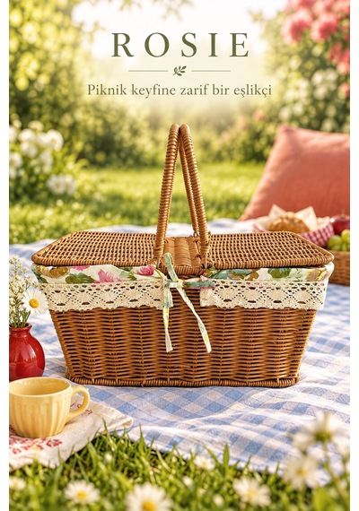 Rosıe Çiçek Desen Kumaşlı Dikdörtgen Piknik Sepeti 38 Cm Karışık