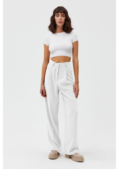 Açelyaokcu Premium Lowry Wide Leg Palazzo Dokuma Pantolon Beyaz