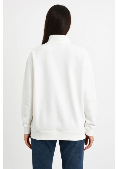 Mbb E-ticaret Kadın 3 İplik Pamuklu Dık Yaka Yarım Fermuarlı Sweatshirt - Beyaz