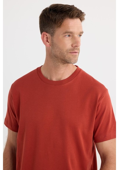 Tudors Unisex Relax Fit Rahat Kesim %100 Pamuk Yumuşak Dokulu Hafif Kalın Kiremit Bisiklet Yaka Tişört-36914 KIREMIT