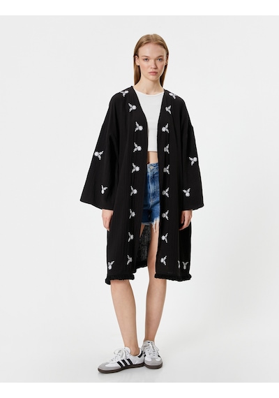 Koton Midi Kimono Nakışlı Oversize Asimetrik Kesim Siyah 4sal50006ıw Siyah Koton Midi Kimono Nakışlı Oversize Asimetrik Kesim Siyah 4sal50006ıw Siyah