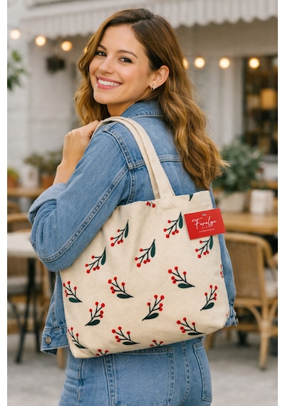 Faralya Life 42 38cm 30 Cm Sap Uzunluğunda Kadın Çanta %70 Pamuk %30 Polyester Plaj Çantası Çiçekli Kullanışlı Omuz Çantası Çok renkli