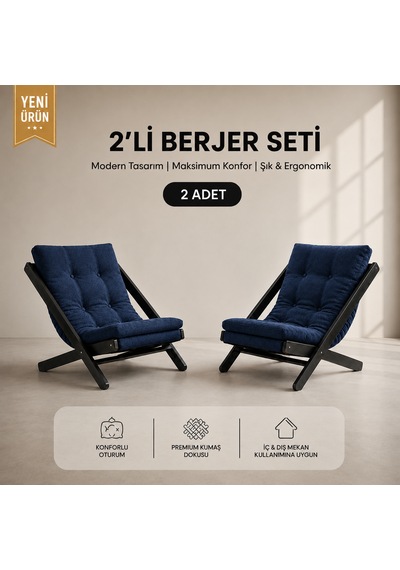 2li Dinlenme Koltuğu Berjer Balkon Koltuğu Bahçe Kotuğu Tv Sandalyesi Koyu Mavi