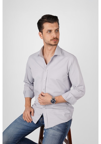Gri Saten Slimfit Erkek Gömlek Gri