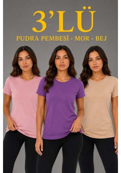 Hazego 3 Lü Kısa Kollu Bisiklet Yaka Basic Slim Fit T-shirt - Pudra Pembe - Mor - Bej Çok Renkli Hazego 3 Lü Kısa Kollu Bisiklet Yaka Basic Slim Fit T-shirt - Pudra Pembe - Mor - Bej Çok Renkli