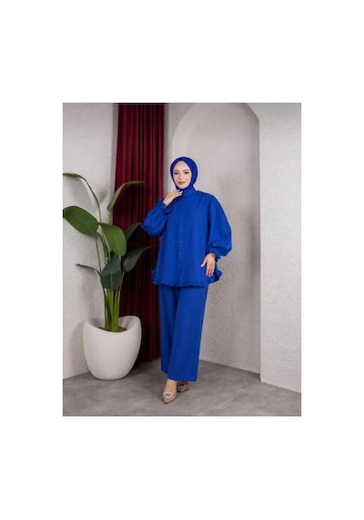 Hira Life Fashion Kadın Çilek Kumaş Dik Yaka Düğmeli Fırfır Detaylı Tesettür Tunik Pantolon İkili Takım Mavi Mavi Hira Life Fashion Kadın Çilek Kumaş Dik Yaka Düğmeli Fırfır Detaylı Tesettür Tunik Pantolon İkili Takım Mavi Mavi