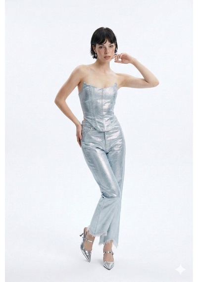 Holly Lolly Parlak Kaplamalı Glossy Jean Büstiyer Mavi