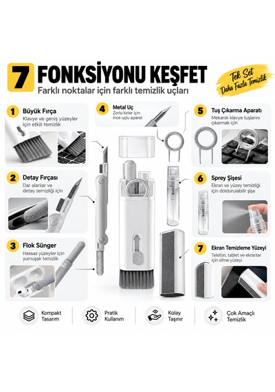 7'si 1 Arada Elektronik Temizleme Seti Bilgisayar, Laptop, Klavye, Telefon, Kulaklık Airpod Vb. İçin