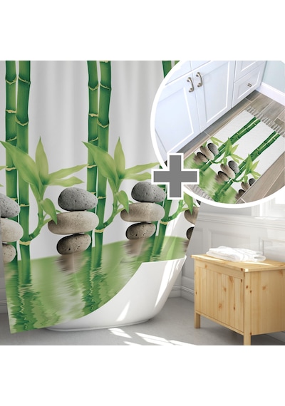 Yeşil Banyo Perdesi ve Banyo Paspası Takımı, Tek Kanat Duş Perdesi Seti, Bamboo Banyo Perdesi Takımı Yeşil