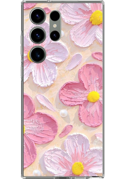 Samsung Galaxy S23 Ultra Uyumlu Pembe Beyaz Çiçekler Sulu Boya Baskılı Silikon Kılıf Renkli