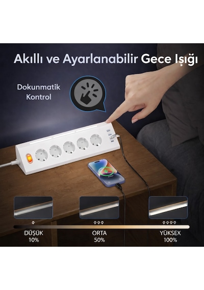 Akım Korumalı 5 Li Köşe Çoklu Priz 2 Usb-a 2 Usb-c Gece Lambalı Dokunmatik 2 Metre Kablo 3680w 1 - 3 M