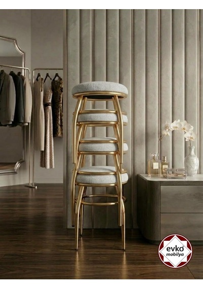 Evko Mobilya Tabure, Bar Taburesi, 2 Adet Tabure, Puf, Bench, Metal Ayaklı Tabure, İç Içe Geçebilen Tabure, Mutfak Balkon Bahçe Taburesi Gold Krem