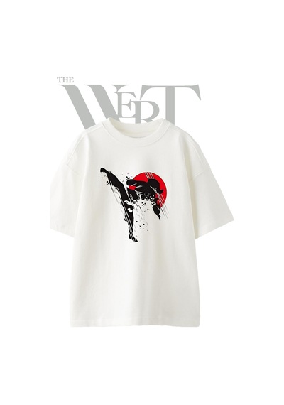 Taekwondo Kick Tasarım Baskılı Ünisex Beyaz Oversize T-shirt