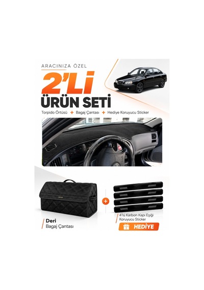 Hyundai Elantra 1997-2006 Uyumlu Torpido Örtüsü + Deri Bagaj Çantası + Sticker Seti - Siyah