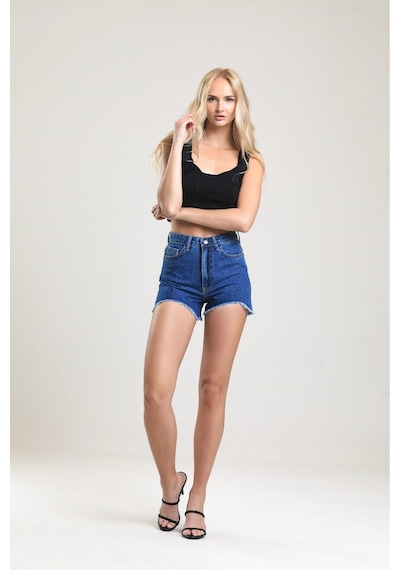 Pass&Pass 2050 Kadın Püsküllü Paça Jeans Denim Kot Şort Mavi