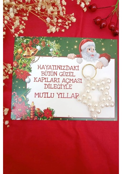10 Adet İnci Yıldız Yılbaşı Hediyesi Anahtarlık - Noel Baba Kartl