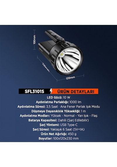 Philips Sfl3101s 10w 1000 Lümen Çift Aydınlatmalı 4 Modlu Tripod Uyumlu Omuz Askılı Projektör Led El Feneri Siyah