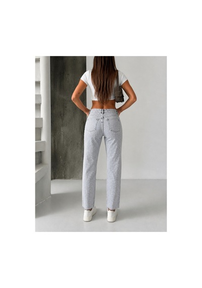 Bluemarlin Gri Kar Ön Arka Taşlı Paça Kesik Mom Denim Pantolon Gri Kar