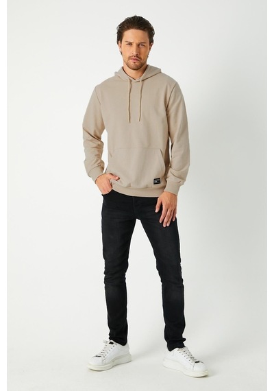 Mmetalic Erkek Bej Basic Kapüşonlu Regular Fit Normal Kesim 2 İplik Kumaş Günlük Sweatshirt Bej