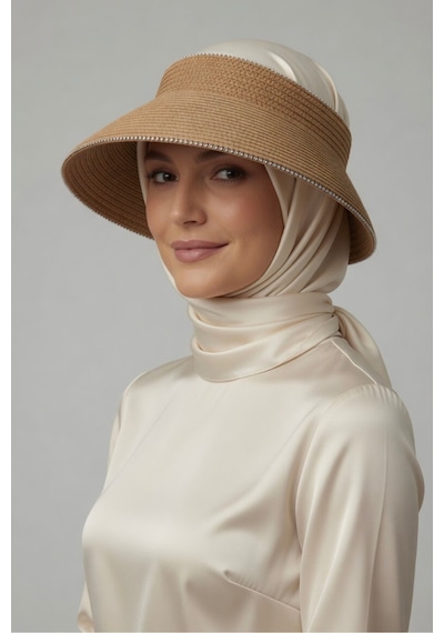 Mollycrush Taşlı Camel Hasır Plaj Kadın Şapkası Tesettür Uyumlu Ayarlanabilir Güneş Koruyucu Vizör Camel