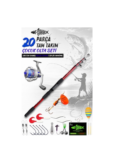 20 Parça Tam Takım Çocuk Olta Seti - 165cm Kamış 50-150 Gr/20'lik Makine Mavi