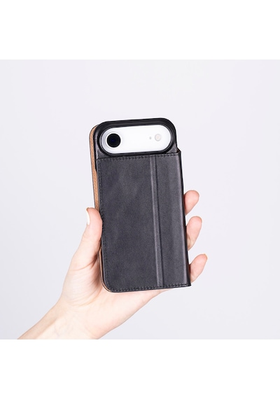 Bloomcase Sonat Obsidian Black Hakiki Deri Apple Uyumlu iPhone 17 Air 6.5" Folio Kılıfı Siyah