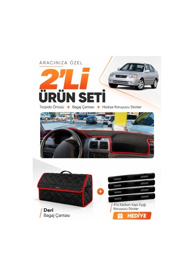 Hyundai Accent Admire-milenium 2000-2006 Uyumlu Torpido Örtüsü + Deri Çanta Seti - Siyah Kırmızı