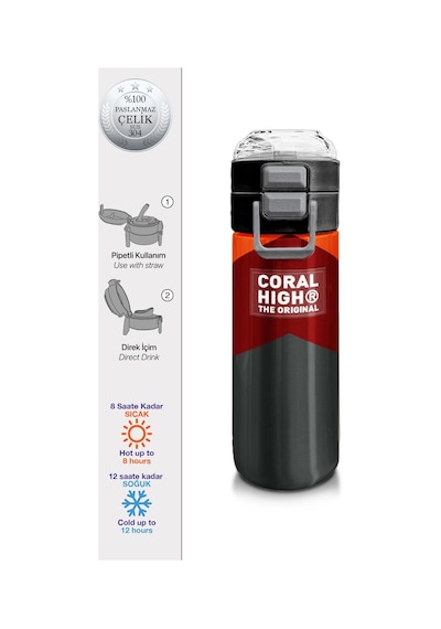 Coral High Kids Turuncu Bordo Desenli Pipetli Ve Direkt İçim Çelik Termos 500 Ml 31892 Turuncu - Mavi