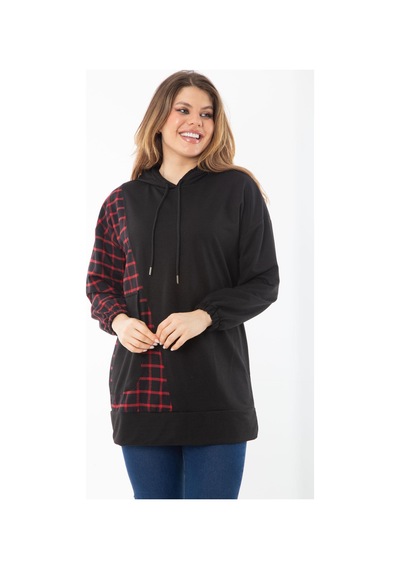 Şans Kadın Büyük Beden Siyah Ekose Garnili Kapşonlu Sweatshirt 65n37289-siyah Siyah