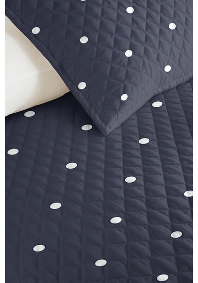 Lacivert Puantiyeli Minimal Genç Odası Tek Kişilik Pike Takımı - 160x220 Cm Kapitone Yatak Örtüsü Günbatımı Keten Geçişi
