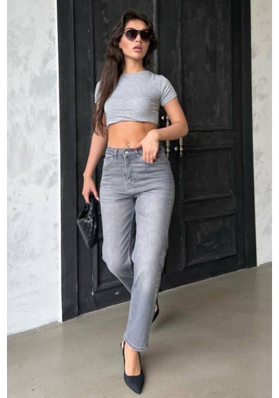 Gri Yüksek Bel Kadın Mom Fit Pantolon Mg2389