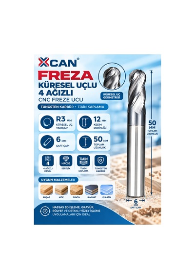 R3 Küresel Uçlu Cnc Freze Ucu 6 Mm Şaft 12 Mm Kesme Boyu 50 Mm