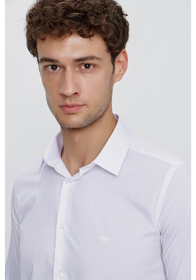 İmza Beyaz Uzun Kol Düz Bez Ayağı 041 Sert Yaka Basic Slim Fit Gömlek 1004245057 Beyaz