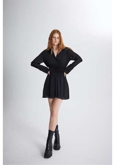 Fashion Cocktail Gömlek Stil Düğmeli Yakalı Belden Oturtmalı Transparan Üst Kloş A Formlu Skater Şifon Gece Elbisesi Siyah Fashion Cocktail Gömlek Stil Düğmeli Yakalı Belden Oturtmalı Transparan Üst Kloş A Formlu Skater Şifon Gece Elbisesi Siyah