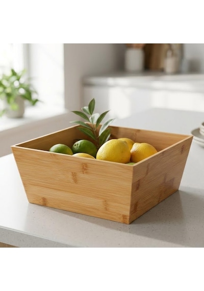 Doğal Bambu Çok Amaçlı Saklama Kutusu - 28x28x12 Cm Banyo, Mutfak Ve Dolap İçi Organizer Düzenleyici Kare Kutu Açık Ahşap